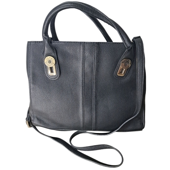 Tommy Hilfiger Black Satchel Shoulder Crossbody Bag | Gold Monogram | Classic - Picture 1 of 16